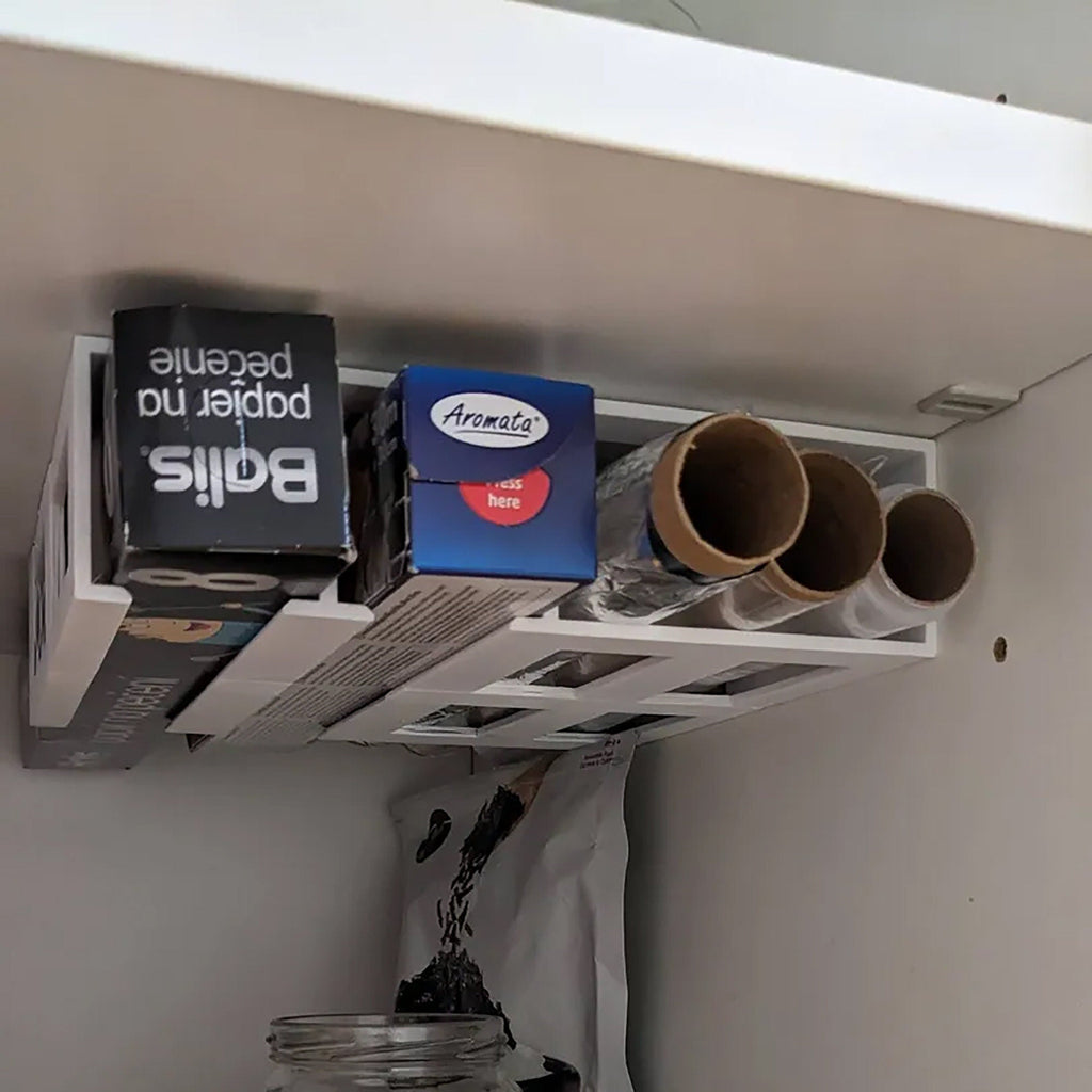 Cabinet mount organizer holding foil, cling film and parchment boxes upright, view 4