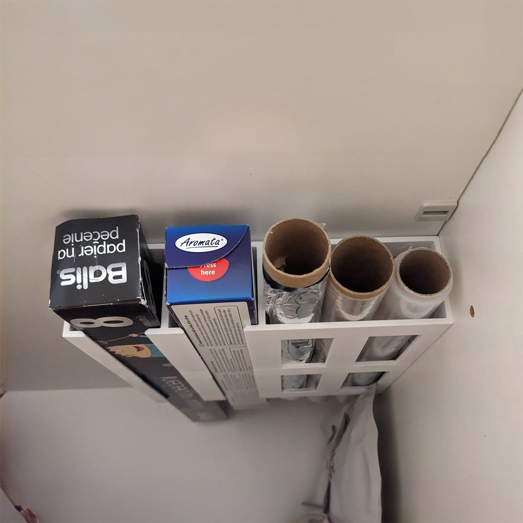 Cabinet mount organizer holding foil, cling film and parchment boxes upright, view 6