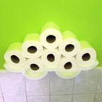 Cloud-shaped wall shelf holding spare toilet paper rolls upright in two rows, view 5