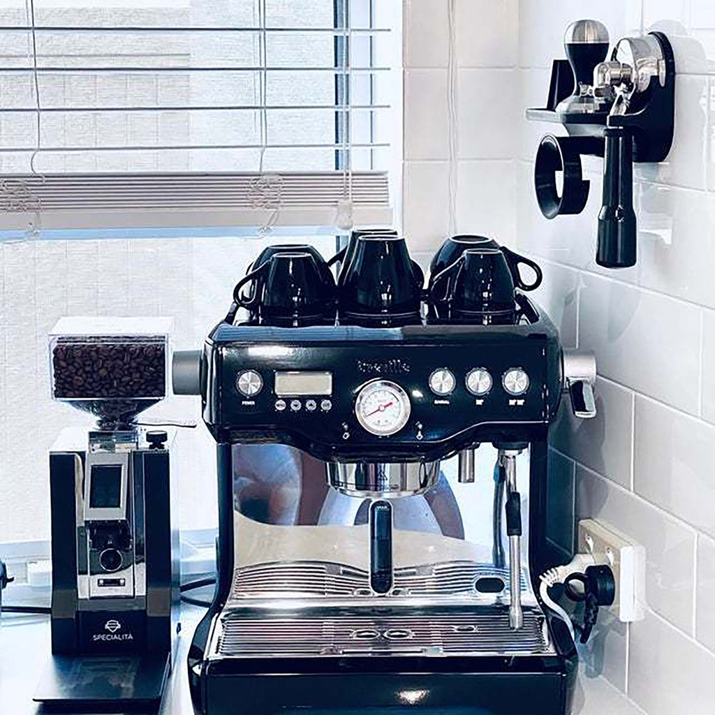 Wall mount shelf for 58mm Breville and Sage portafilter, tamper and dosing funnel, view 3