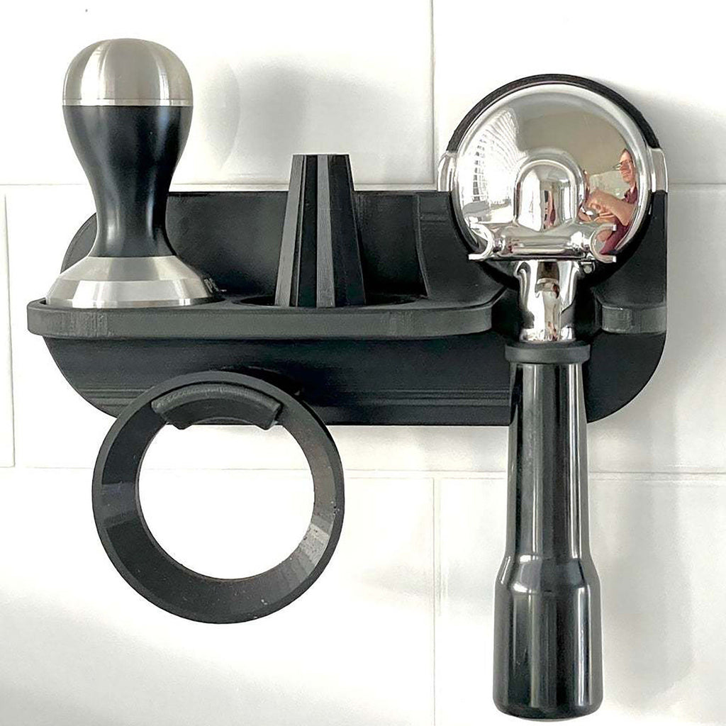 Wall mount shelf for 58mm Breville and Sage portafilter, tamper and dosing funnel