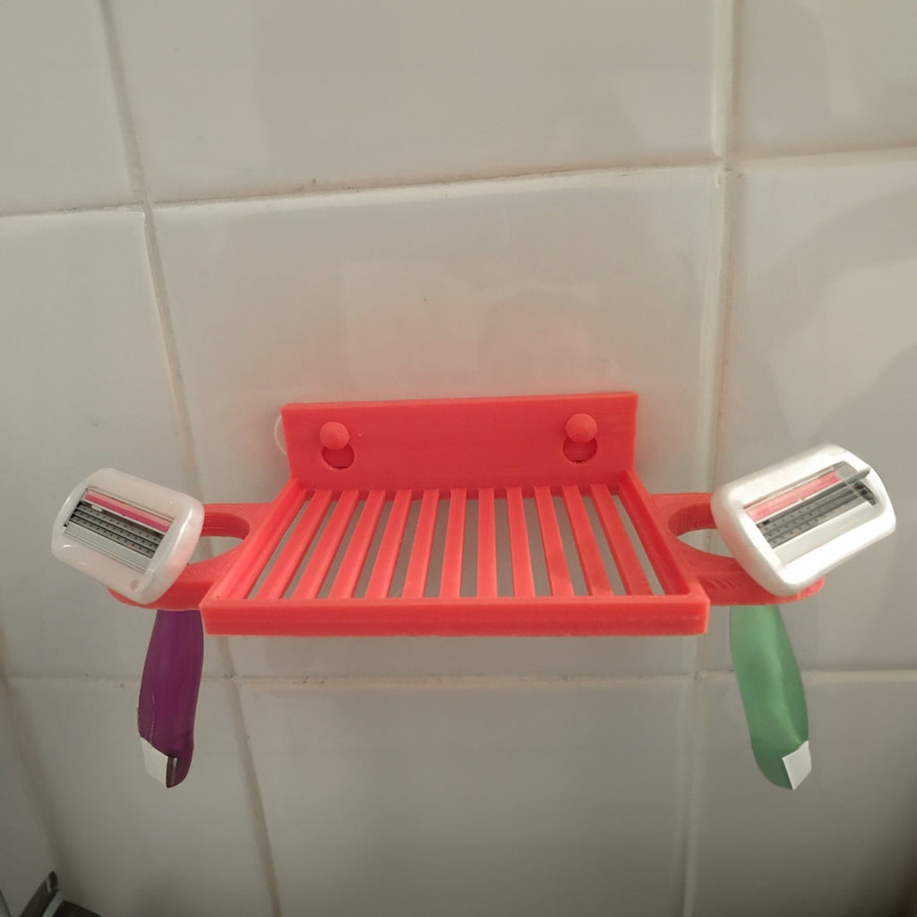 Wall mounted soap dish with two cartridge razor holders, view 2